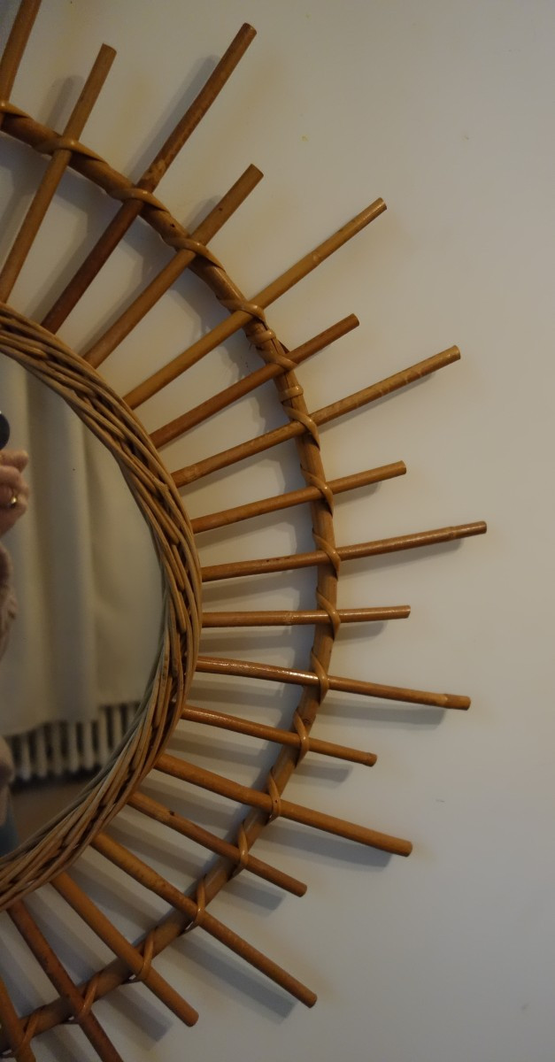 miroir "soleil "années 60/70 en rotin-photo-3