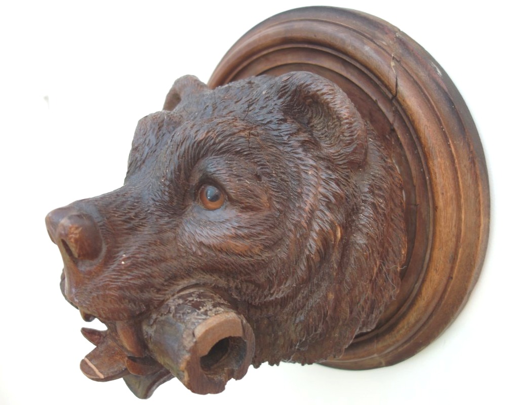 Rare Carved Wooden Bear Head, From The Black Forest, 19th Century.-photo-2