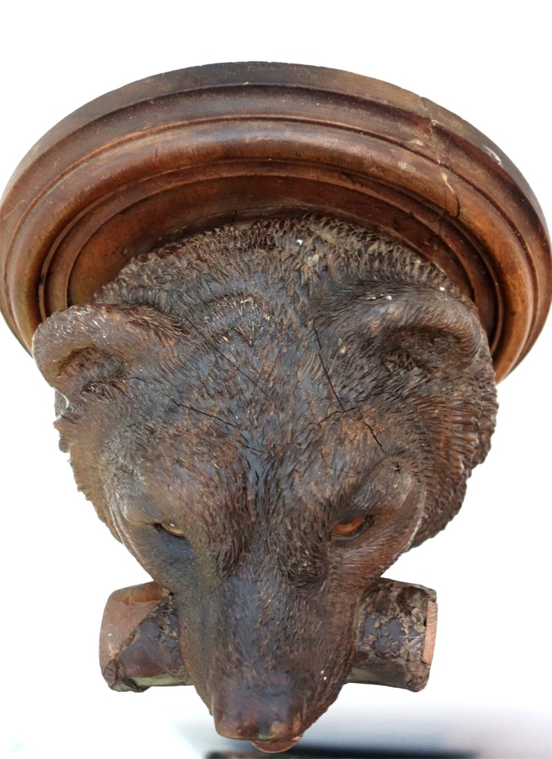 Rare Carved Wooden Bear Head, From The Black Forest, 19th Century.-photo-1
