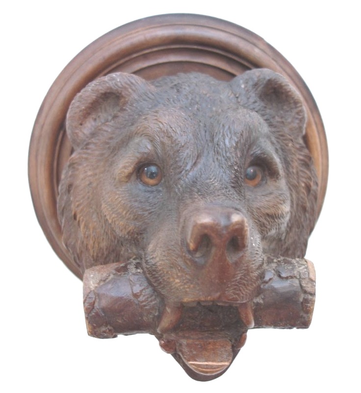 Rare Carved Wooden Bear Head, From The Black Forest, 19th Century.