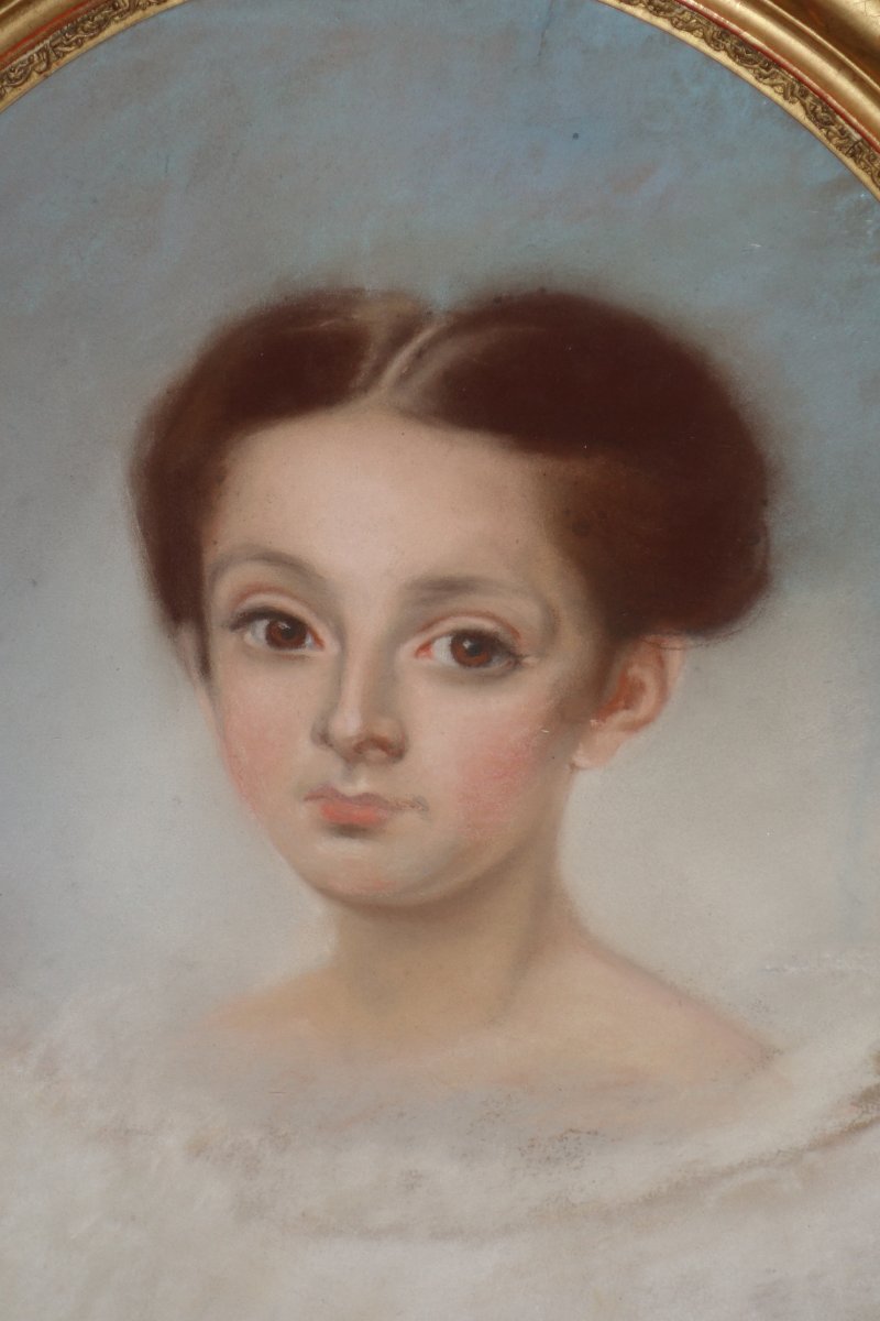Portrait De Jeune Fille, Pastel XIXème-photo-2
