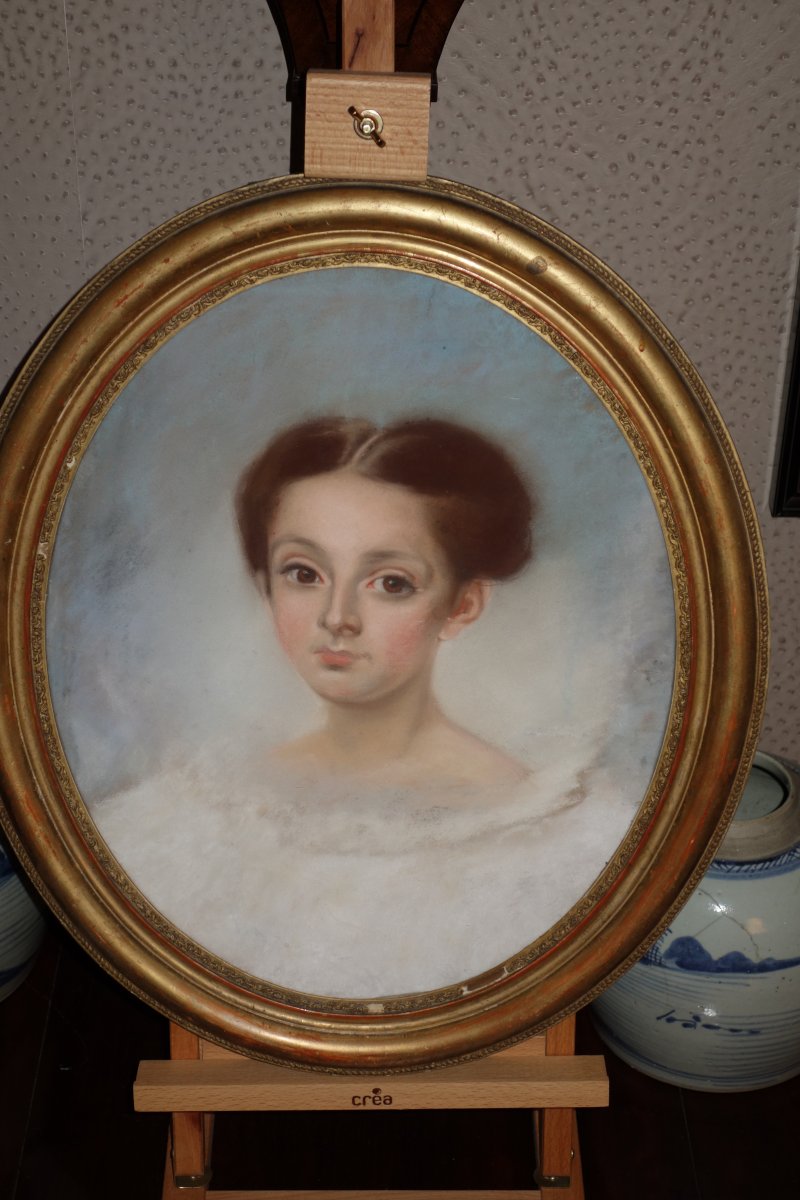 Portrait De Jeune Fille, Pastel XIXème