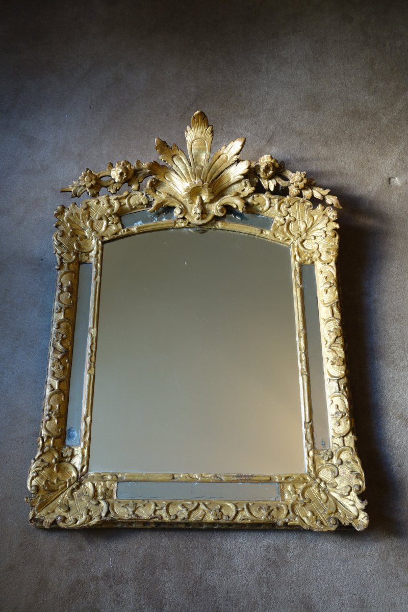 Large Louis XIV Mirror With Pareclose In Golden Wood XVIIth