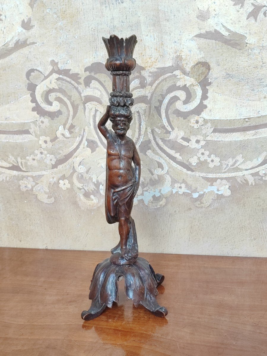 Statuette Of Man In Carved Wood Forming Flambeau Nineteenth-photo-2