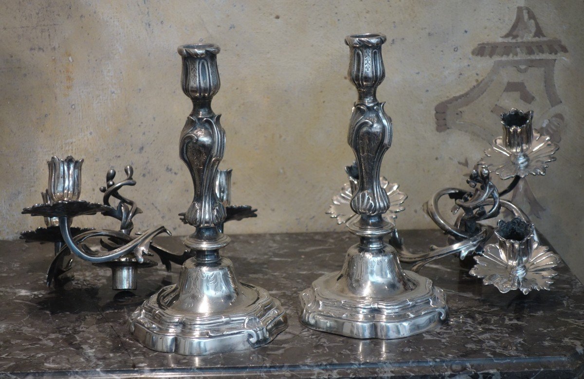 Paire De Grands Chandeliers à Trois Bras De Lumière En Bronze Argenté XIXème Siècle-photo-2