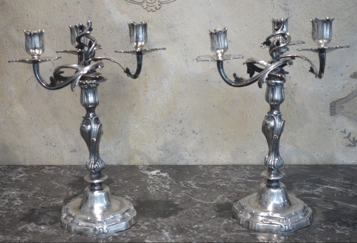 Paire De Grands Chandeliers à Trois Bras De Lumière En Bronze Argenté XIXème Siècle