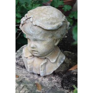 Garden Statue, Stone Bust Of A Child, 19th Century