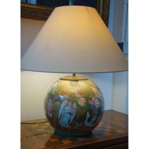 Blown Glass Globe, Painted Fixed Under Glass Mounted As A 19th Century Lamp