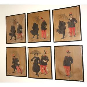 série de six gouaches humoristiques fin XIXéme