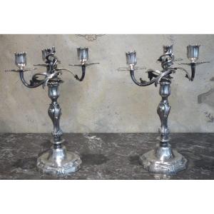 Pair Of Large Candlesticks With Three Arms Of Light In Silver Bronze XIXth Century