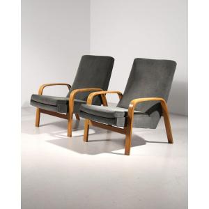 Pair Of Gray Velvet Armchair 1005 Steiner - Arp 1955