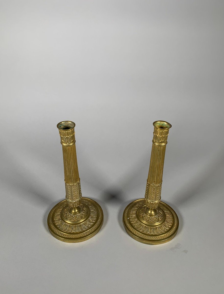 Empire Period Candlesticks In Gilt Bronze, Early 19th Century-photo-3