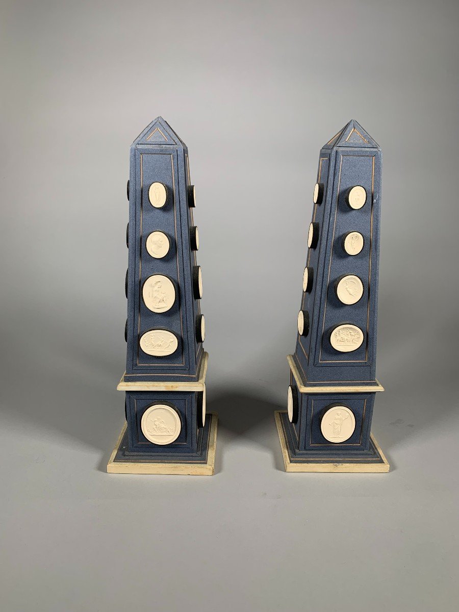 Pair Of Obelisks Decorated With Antique Plaster Cameos Late 18th Century-photo-4