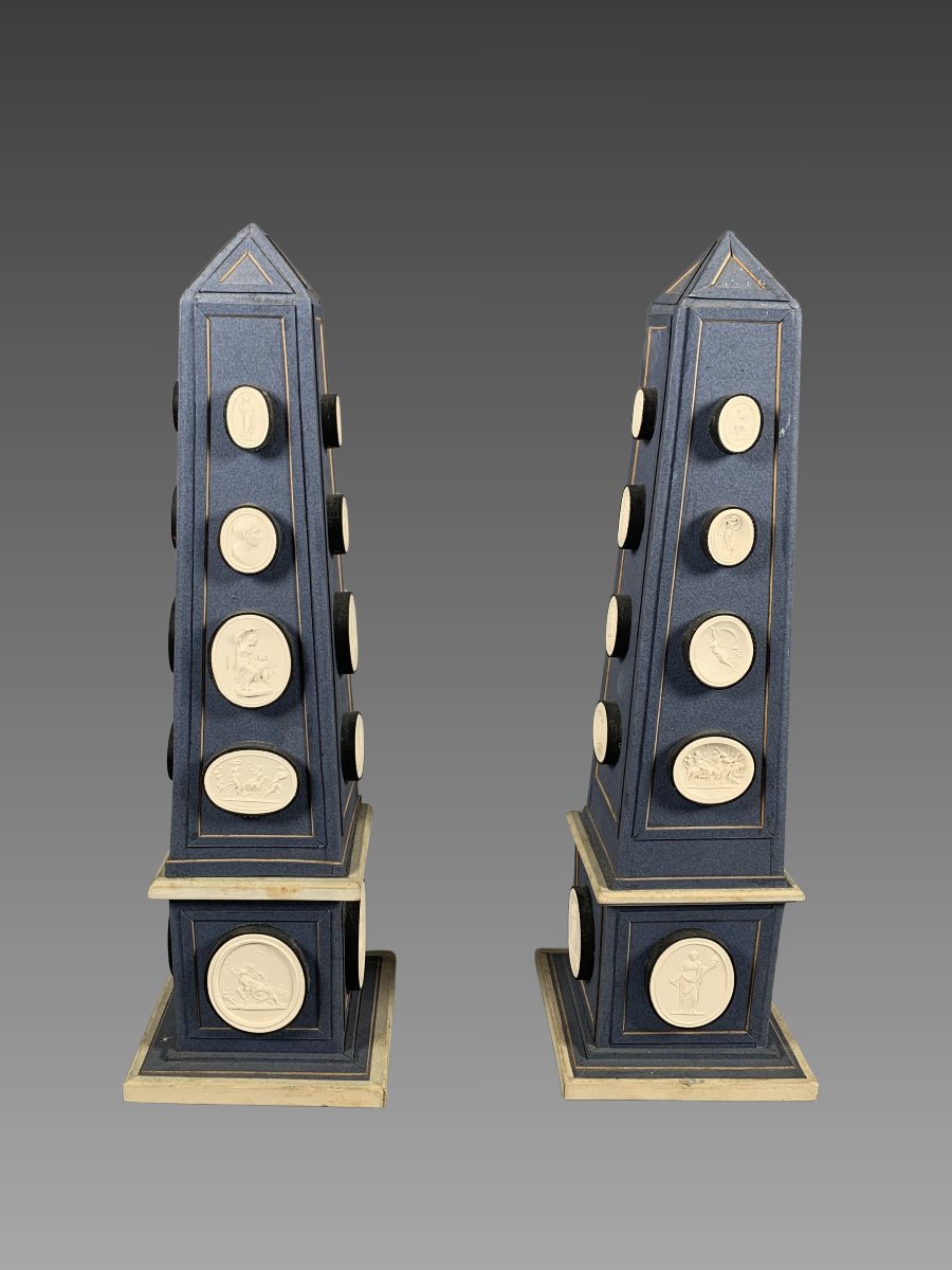 Pair Of Obelisks Decorated With Antique Plaster Cameos Late 18th Century