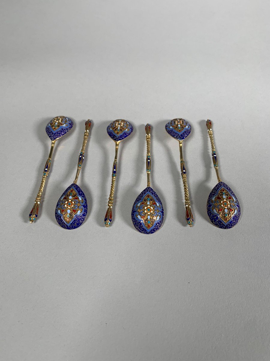 Lot Of 6 Spoons In Russian Enameled Silver 19th Century-photo-3