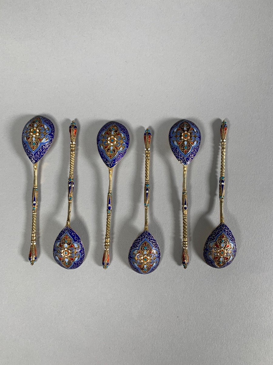 Lot Of 6 Spoons In Russian Enameled Silver 19th Century