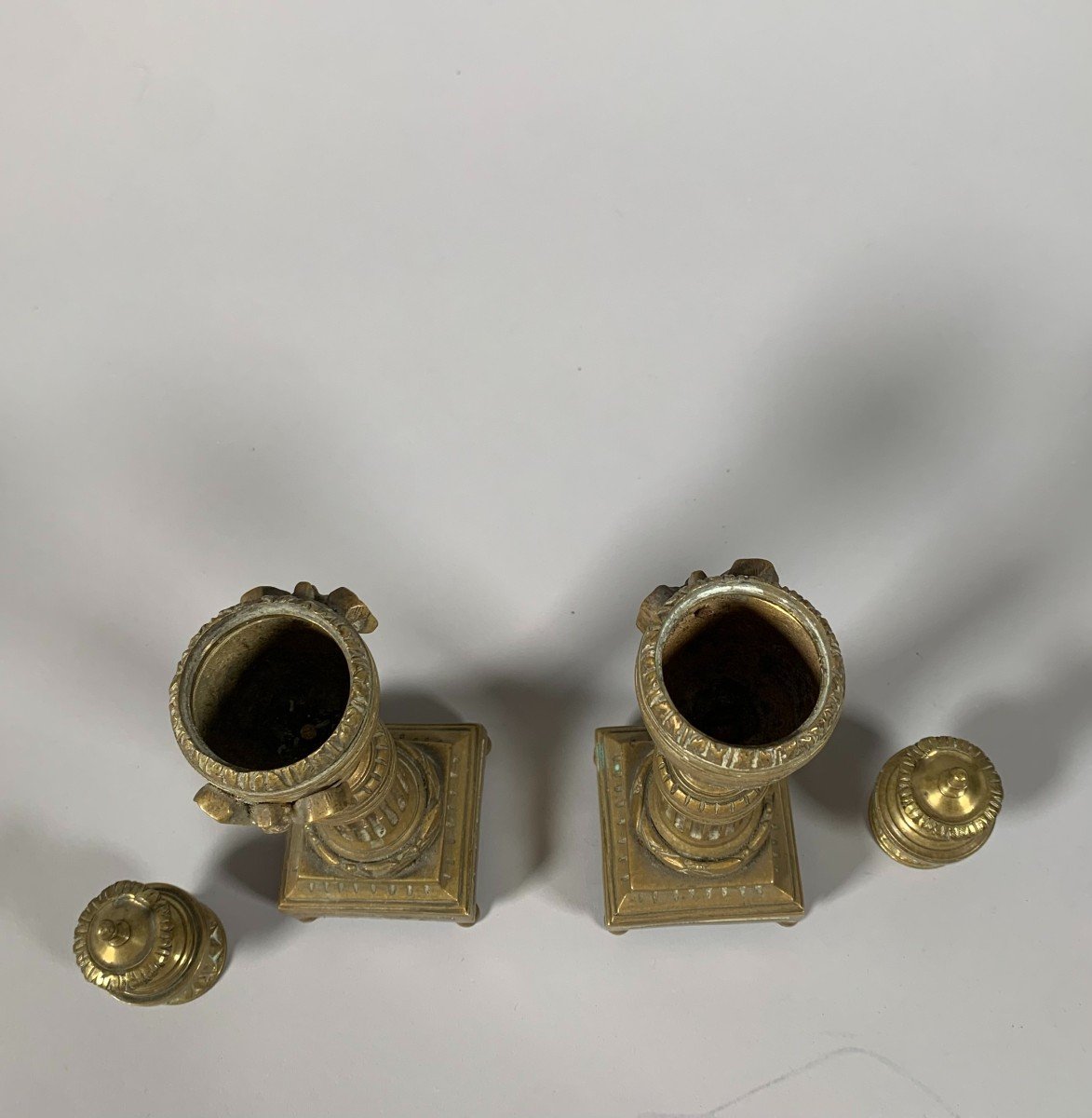 Pair Of Cassolette Candlesticks In Gilt Bronze, Louis XVI Period-photo-1