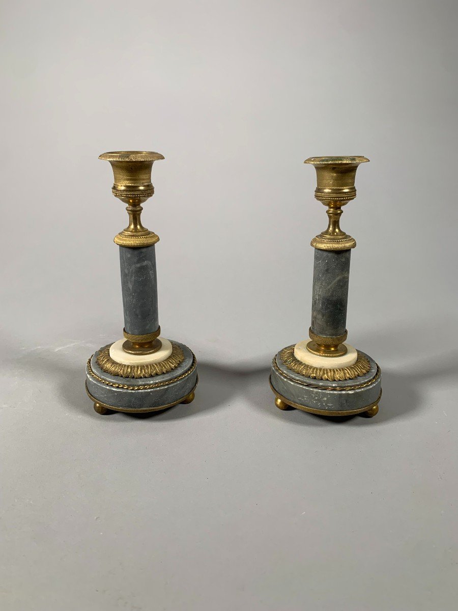 Pair Of Candlesticks In Blue Marble And Bronze Louis XVI Period.-photo-4