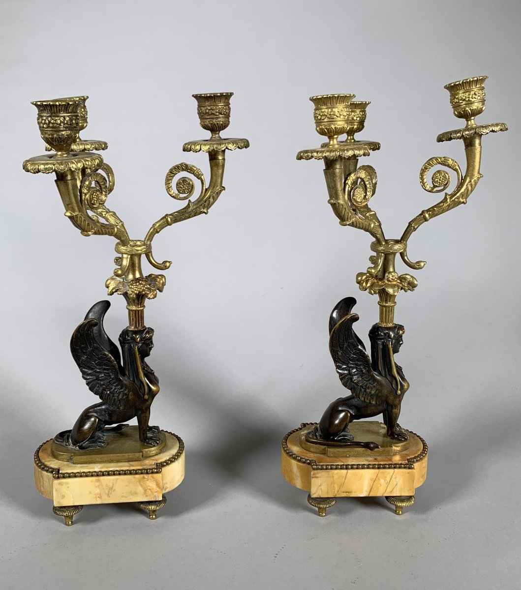 Paire De Candelabres Aux Sphinges En Bronze Dore, Début XIXeme Siècle époque Restauration-photo-2