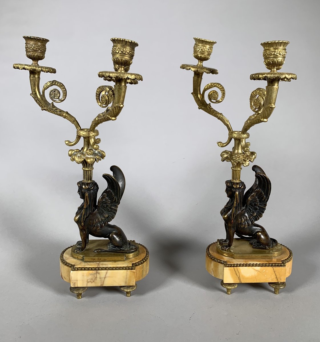 Paire De Candelabres Aux Sphinges En Bronze Dore, Début XIXeme Siècle époque Restauration-photo-3