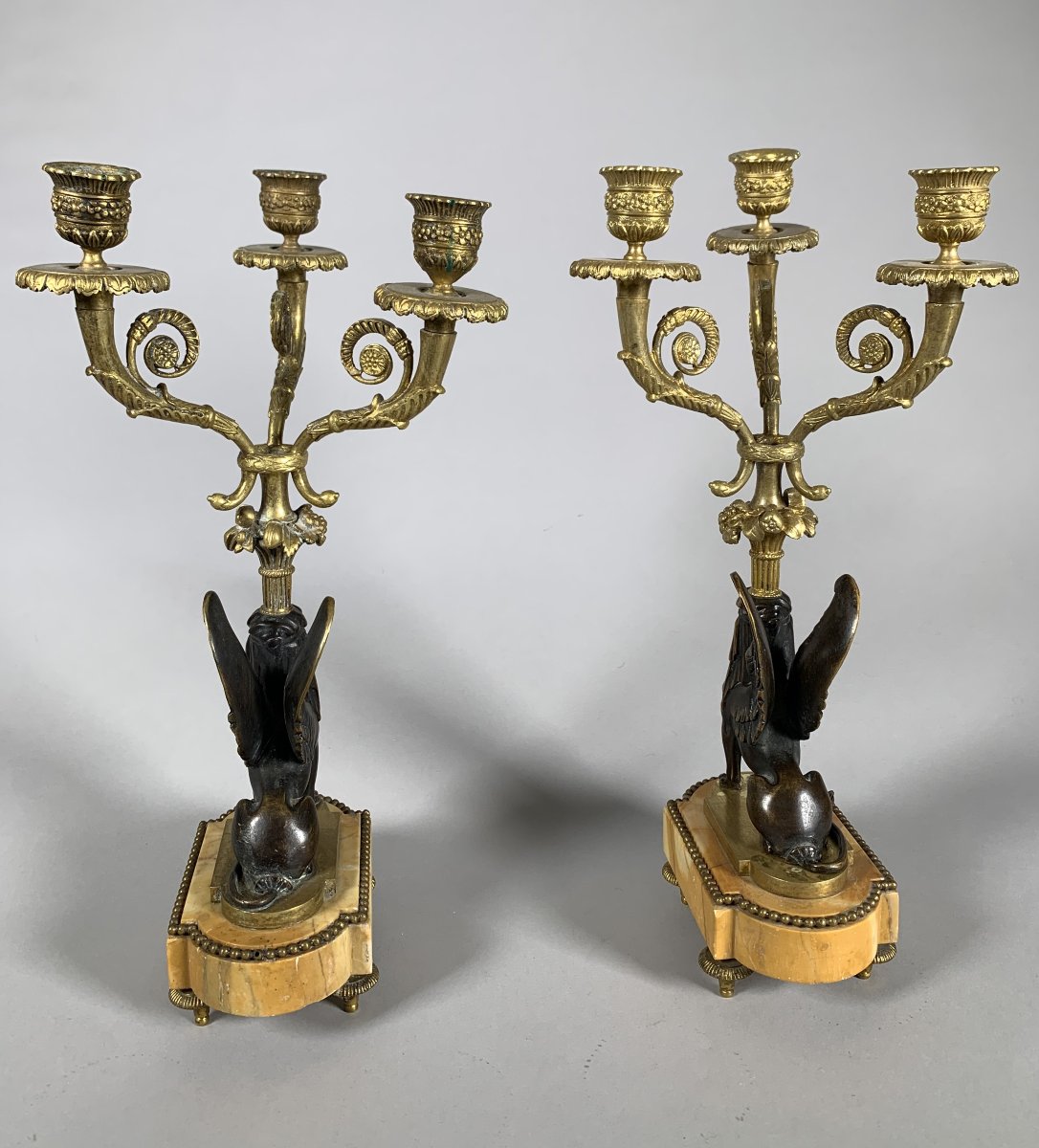 Paire De Candelabres Aux Sphinges En Bronze Dore, Début XIXeme Siècle époque Restauration-photo-4