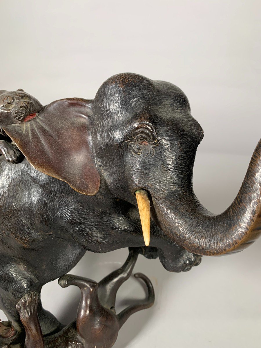 Eléphant Attaqué Par Deux Tigres Ere Meiji XIXeme Siecle Japon-photo-6