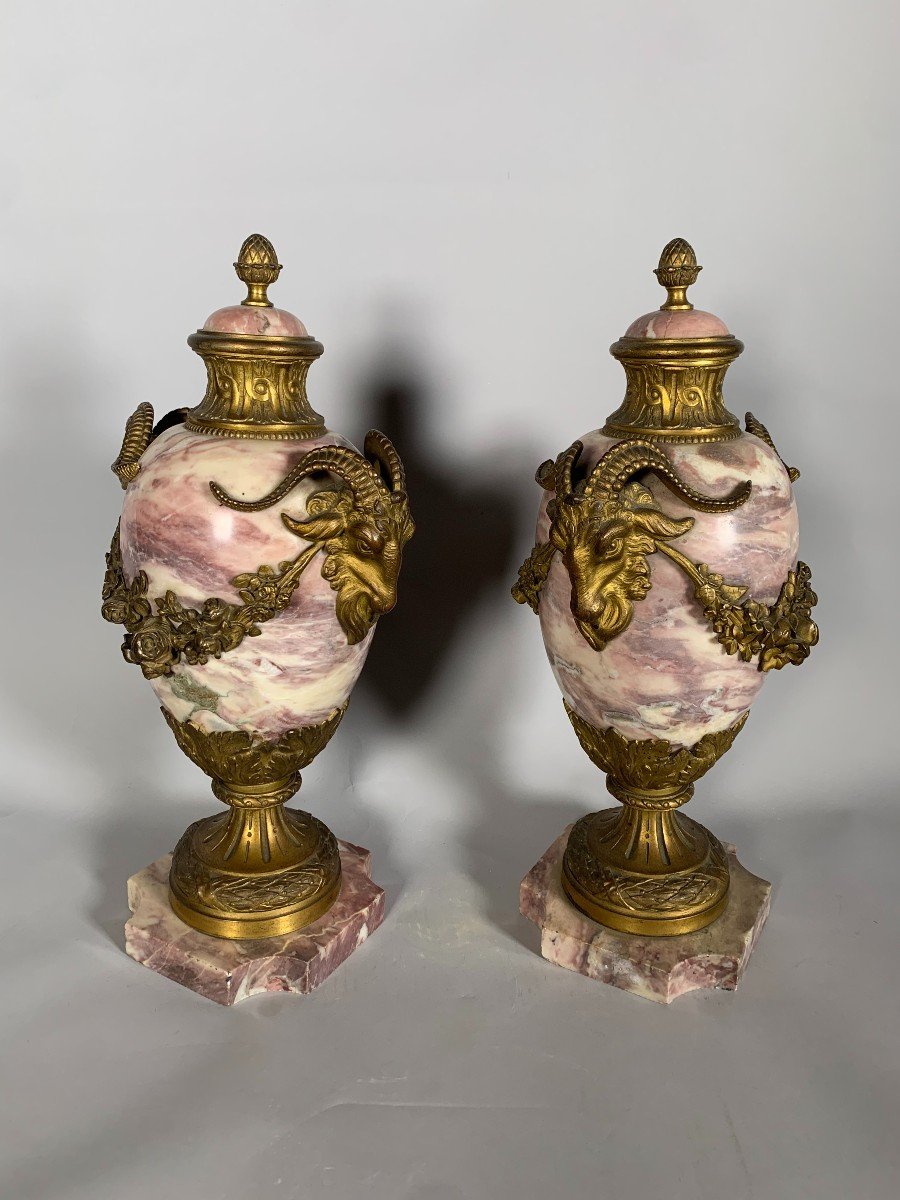 Pair Of Louis XVI Style Pink Marble And Gilt Bronze Cassolettes-photo-2