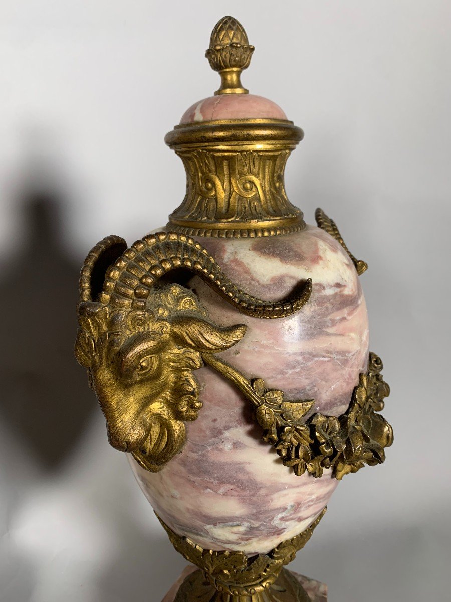 Pair Of Louis XVI Style Pink Marble And Gilt Bronze Cassolettes-photo-4