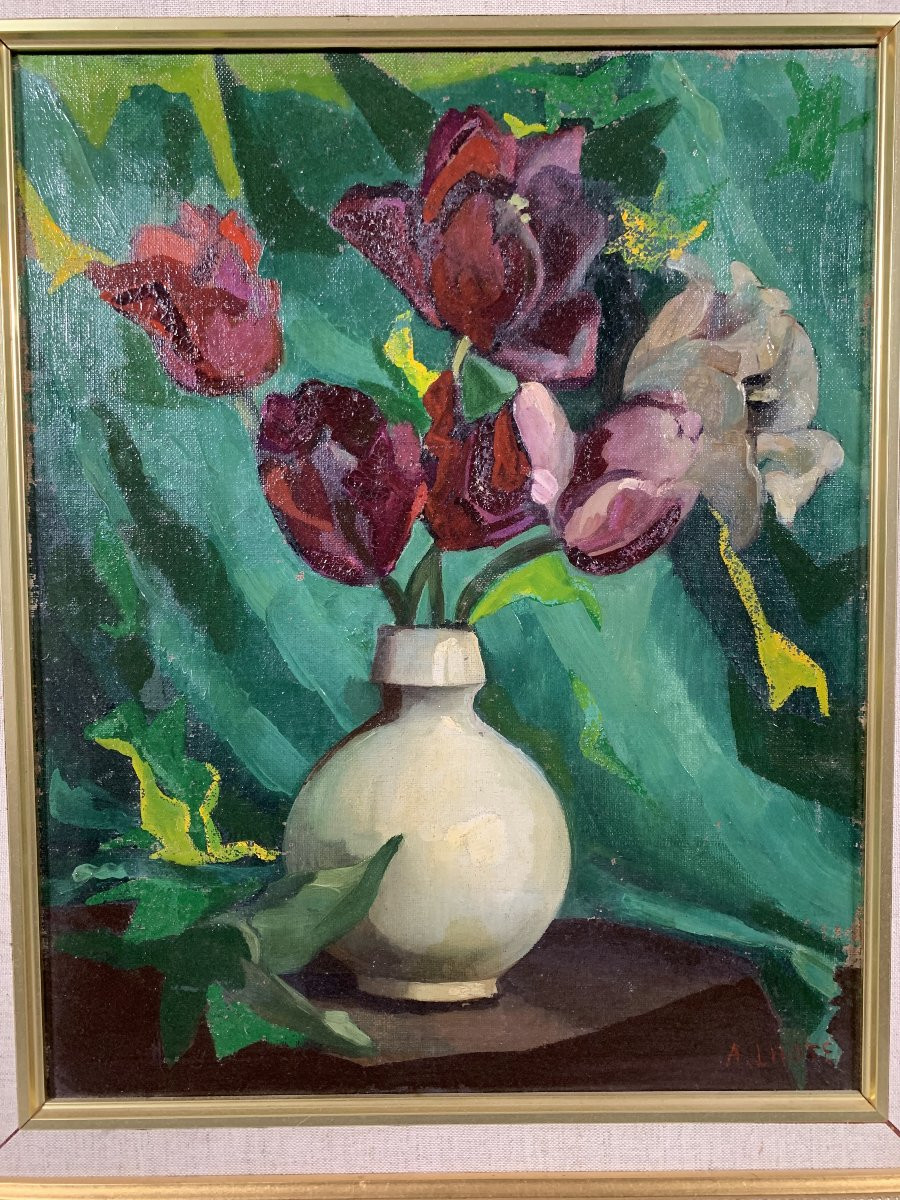 André Lhote (1885-1962) Oil On Canvas Bouquet Of Tulips Still Life 20th Century Modern-photo-4
