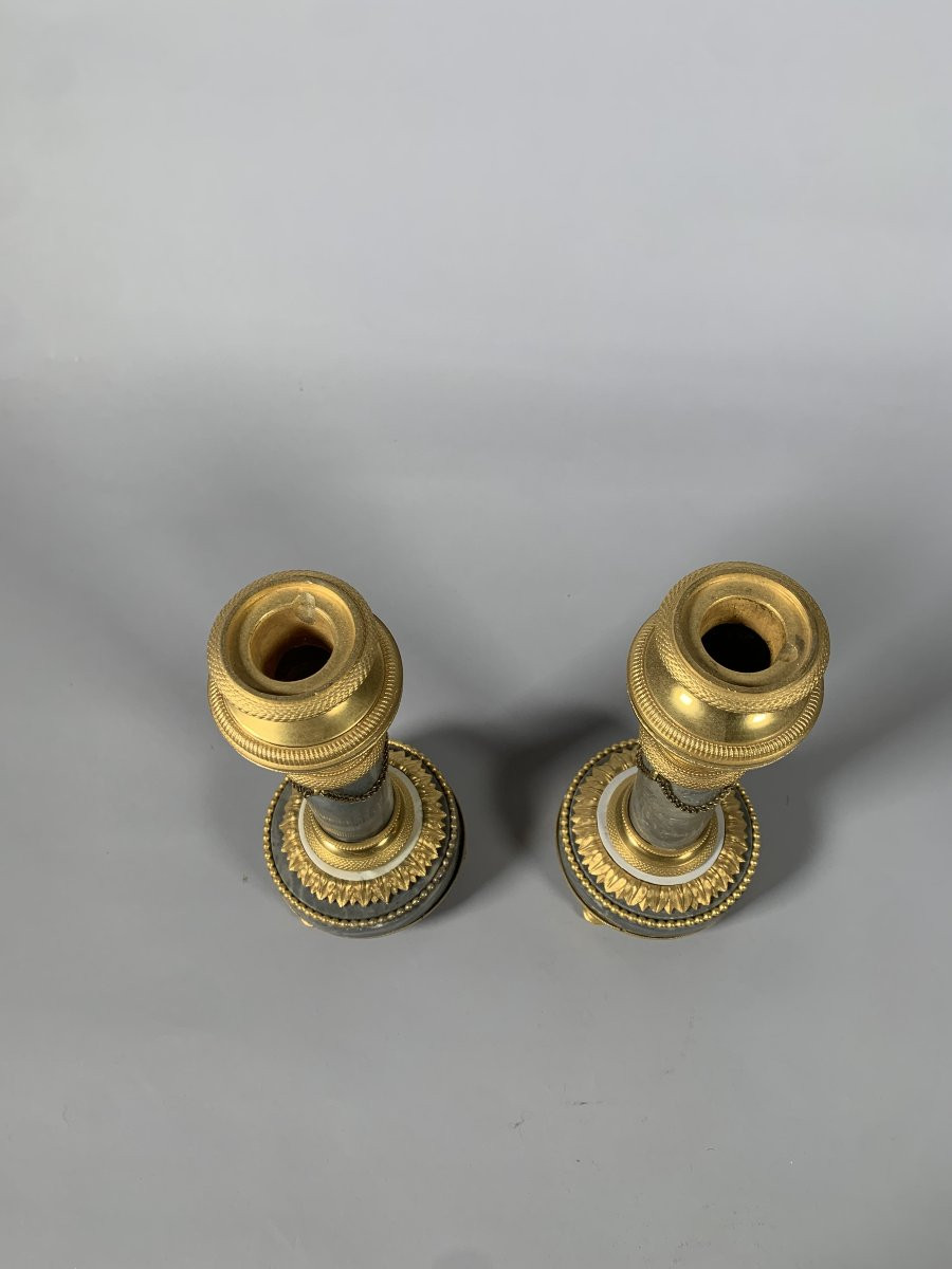 Pair Of Louis XVI Style Blue Marble And Gilt Bronze Candlesticks, 19th Century -photo-2