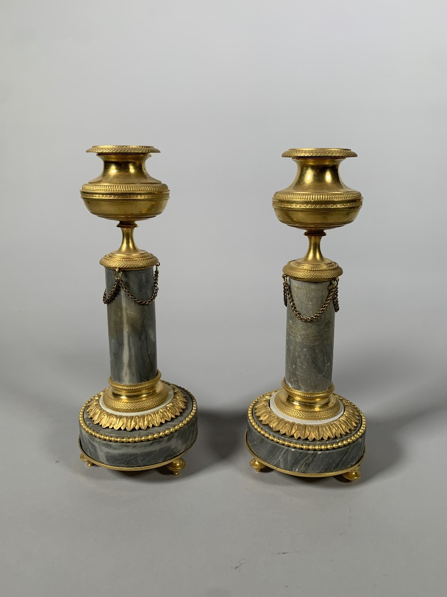 Pair Of Louis XVI Style Blue Marble And Gilt Bronze Candlesticks, 19th Century 