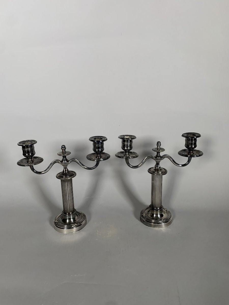 Pair Of Candlesticks - Removable Candelabras In Silver-plated Bronze, Louis XVI Style-photo-3