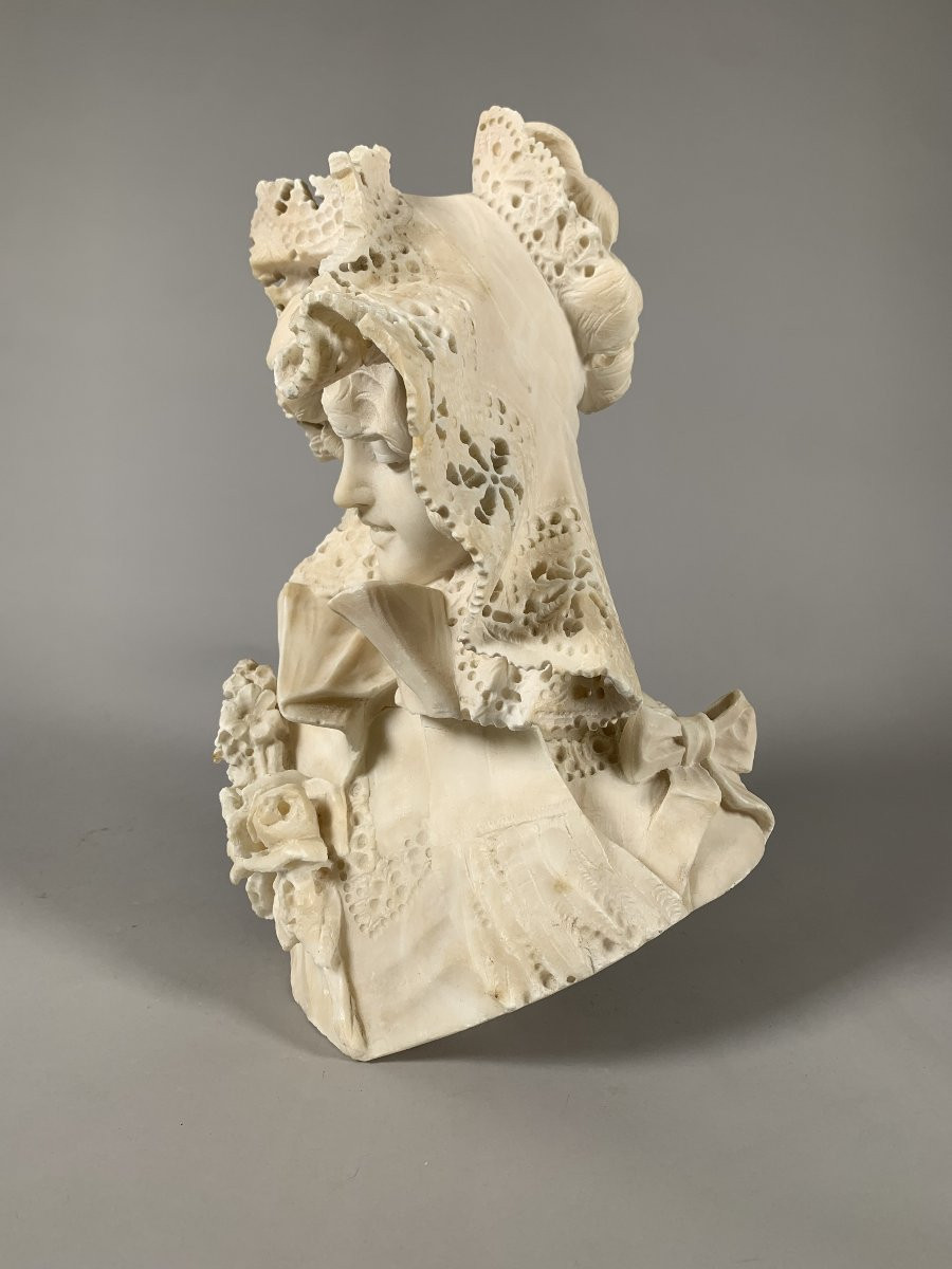 Sculpture Buste En Marbre Jeune Femme Bourgeoise à La Dentelle  Seconde Moitié Du XIXeme-photo-3