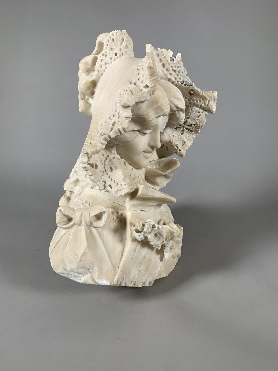 Sculpture Buste En Marbre Jeune Femme Bourgeoise à La Dentelle  Seconde Moitié Du XIXeme-photo-4