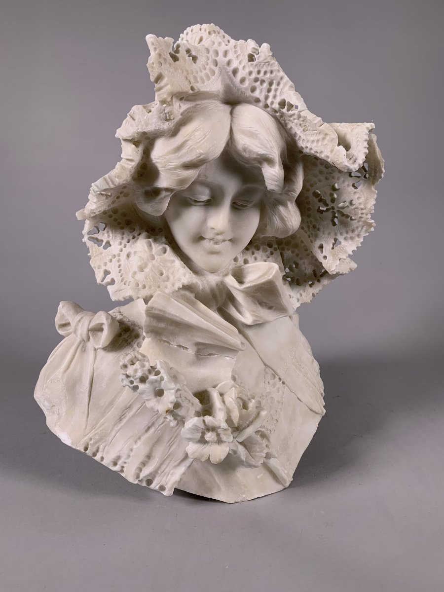 Sculpture Buste En Marbre Jeune Femme Bourgeoise à La Dentelle  Seconde Moitié Du XIXeme-photo-5
