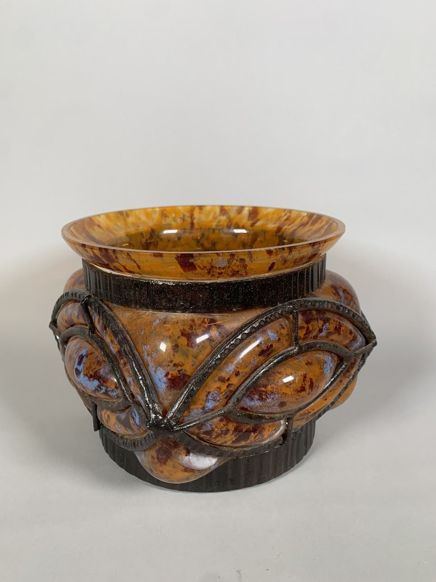 Art Deco Glass And Wrought Iron Vase Le Lorrain Nancy 20th Century-photo-4