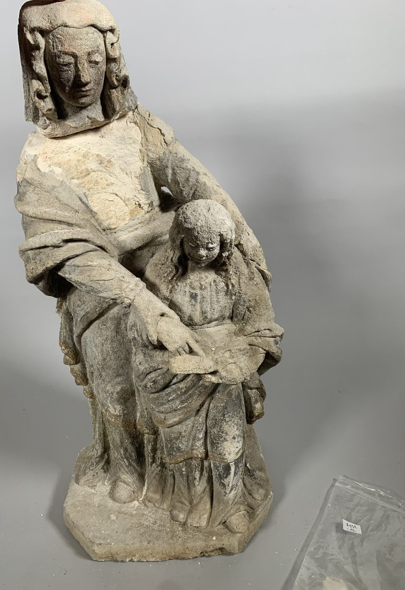 Sculpture En Pierre Calcaire XVème Siècle Education De La Vierge Marie Par Sainte Anne-photo-2