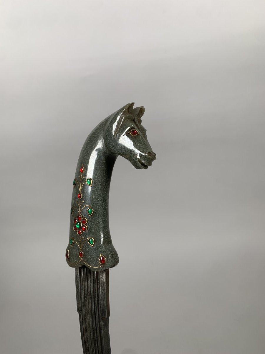 Poignard Kard Moghol Au Décor De Tete De Cheval En Jade Indo Iranien  XIXeme Siecle-photo-2