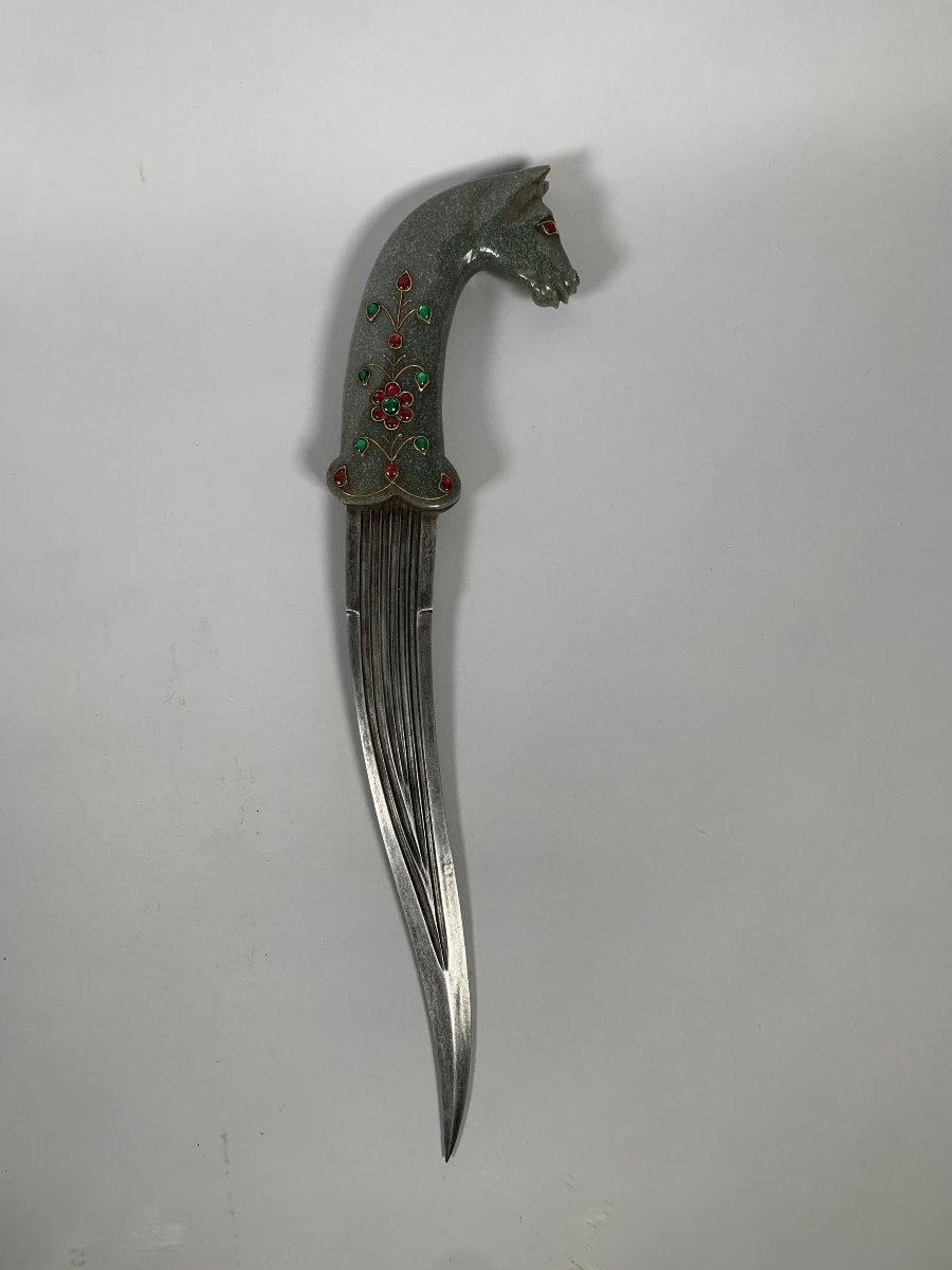 Poignard Kard Moghol Au Décor De Tete De Cheval En Jade Indo Iranien  XIXeme Siecle-photo-3