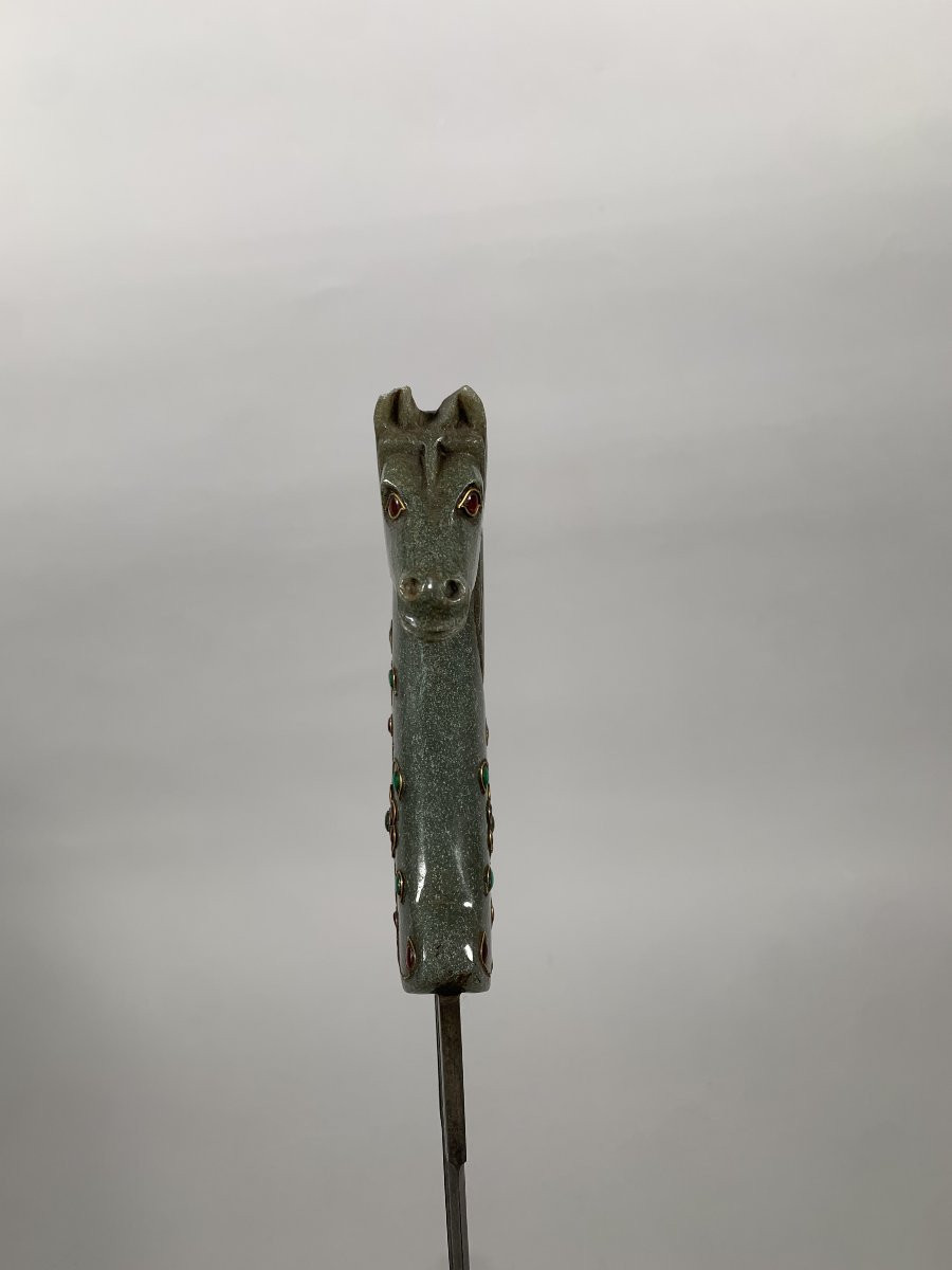 Poignard Kard Moghol Au Décor De Tete De Cheval En Jade Indo Iranien  XIXeme Siecle-photo-2