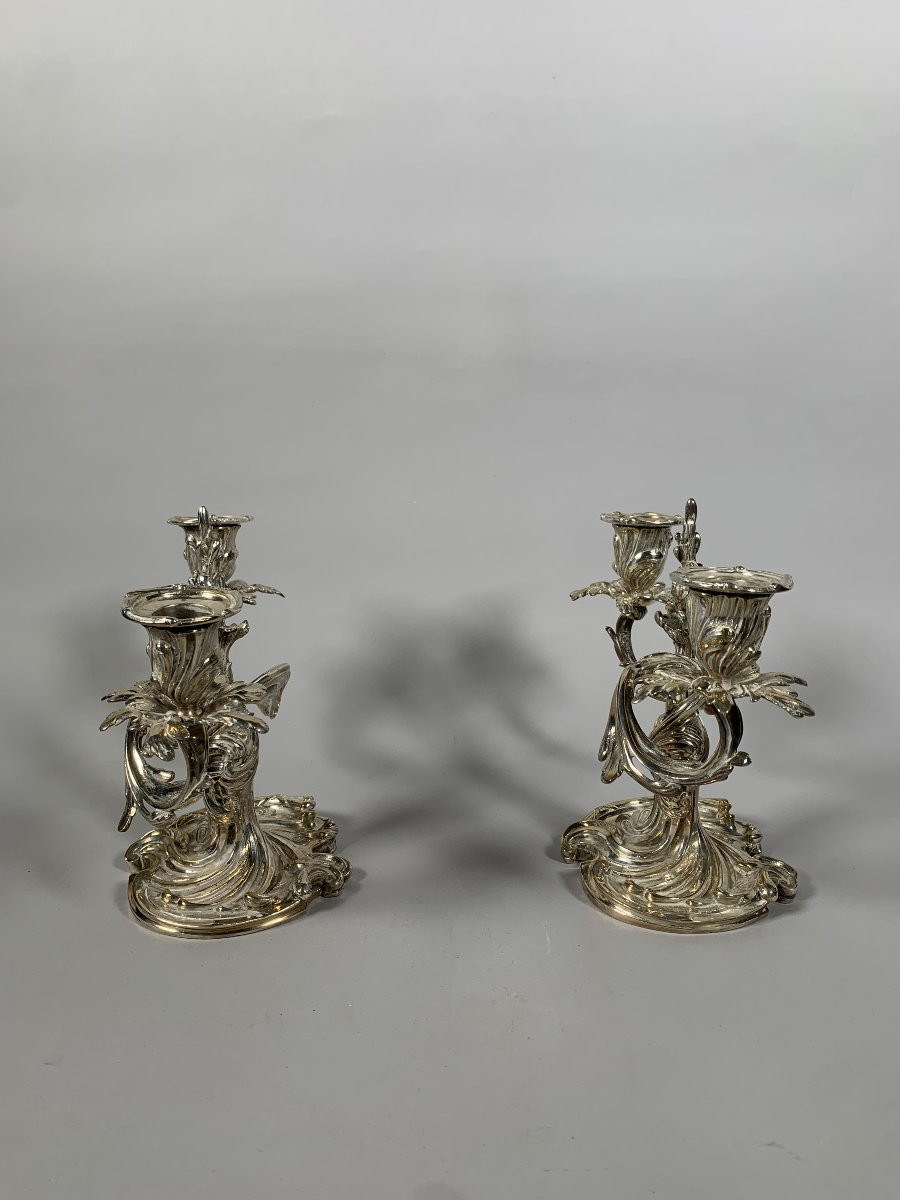 Paire De Candélabres De Style Rocaille En Bronze Argenté , XIXe Siècle style louis XV-photo-3