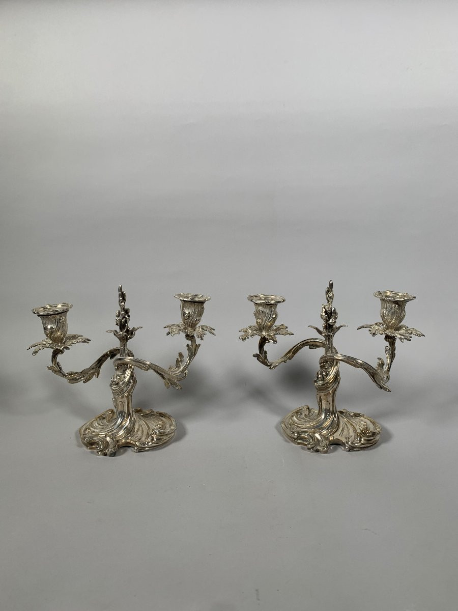 Paire De Candélabres De Style Rocaille En Bronze Argenté , XIXe Siècle style louis XV-photo-4