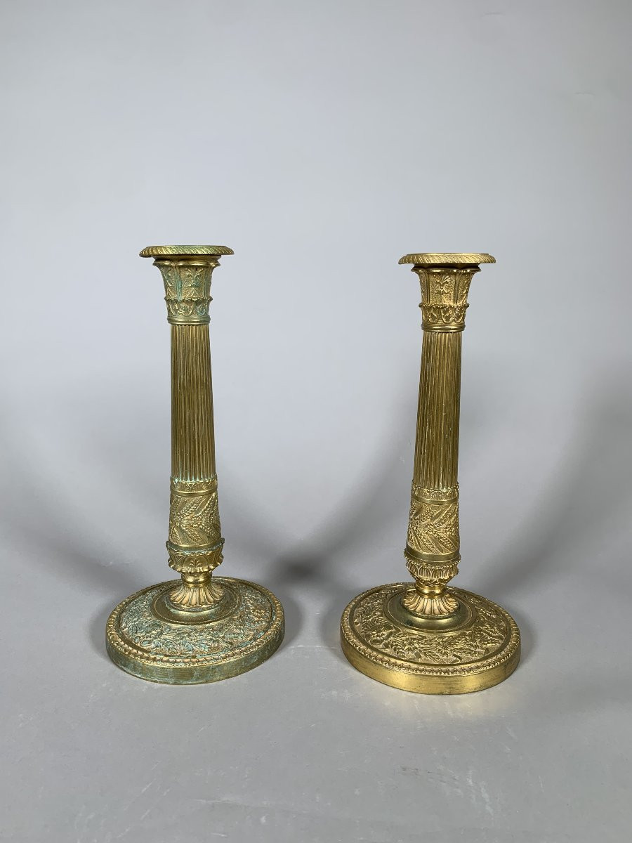 Paire De Bougeoirs En Bronze Doré époque Empire Début XIXeme Siecle-photo-3