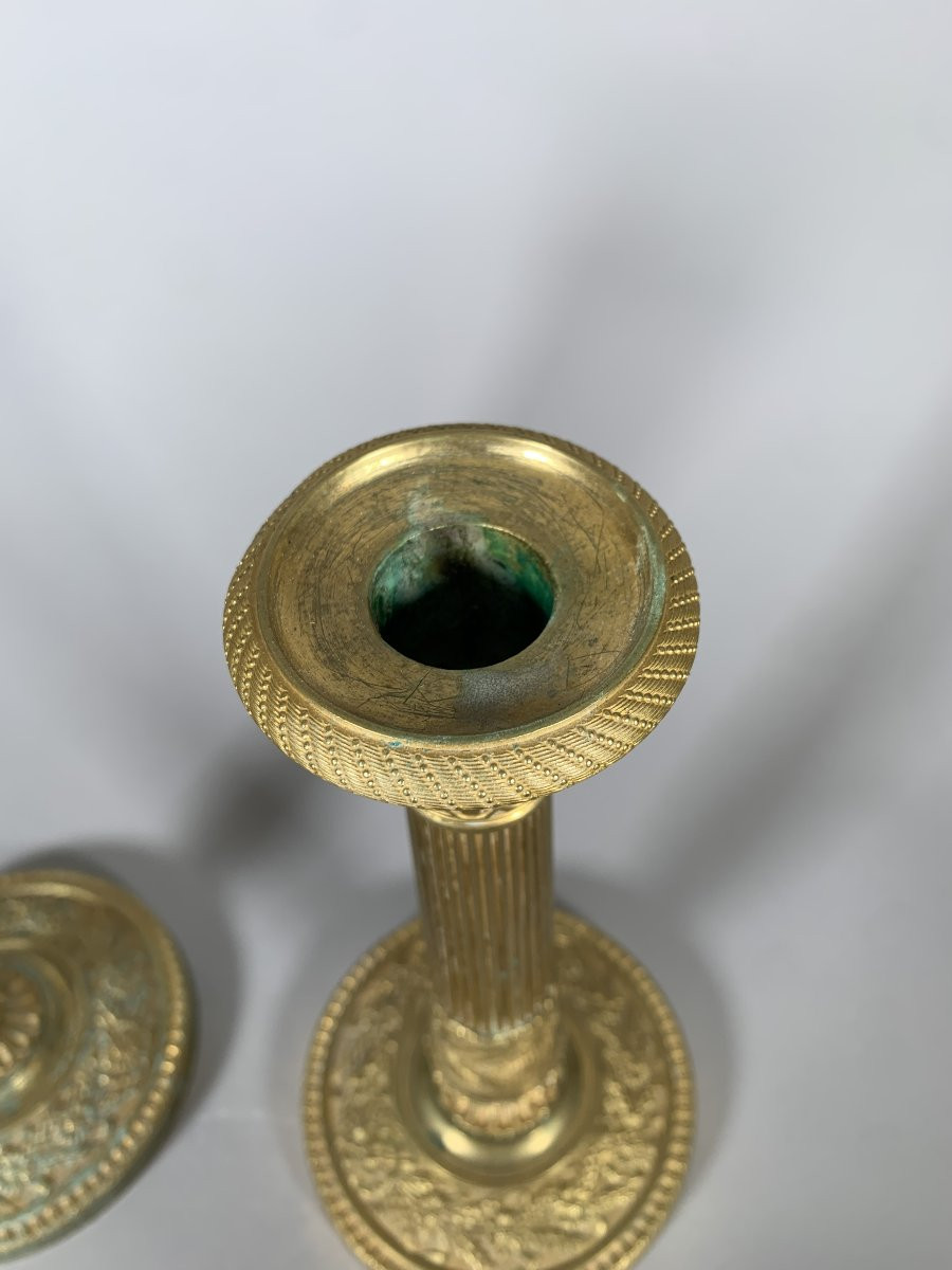 Paire De Bougeoirs En Bronze Doré époque Empire Début XIXeme Siecle-photo-6