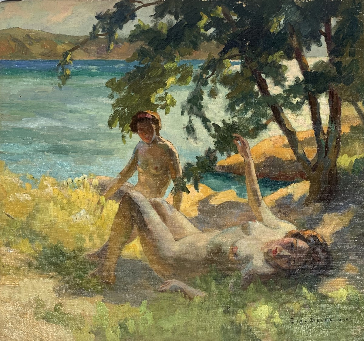 Eugène Delecluse (1882-1972). - Naïades Au Bord De l'Eau Peinture à l'Huile Sur Toile XXeme 