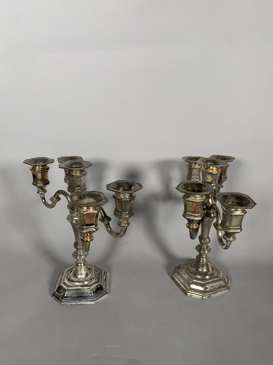 Pair Of Candelabras With Movable Arms In Silver-plated Bronze, Louis XV Style, 19th Century Work-photo-2