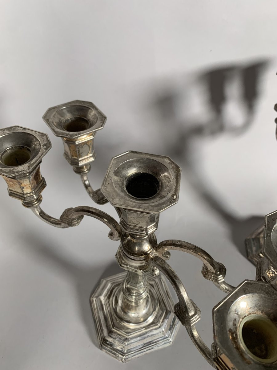 Pair Of Candelabras With Movable Arms In Silver-plated Bronze, Louis XV Style, 19th Century Work-photo-3