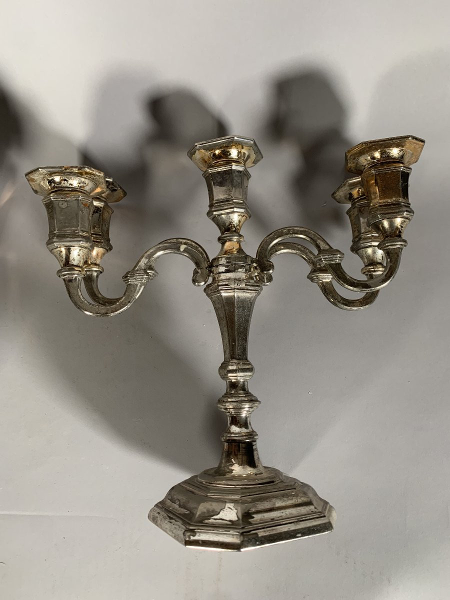 Pair Of Candelabras With Movable Arms In Silver-plated Bronze, Louis XV Style, 19th Century Work-photo-4