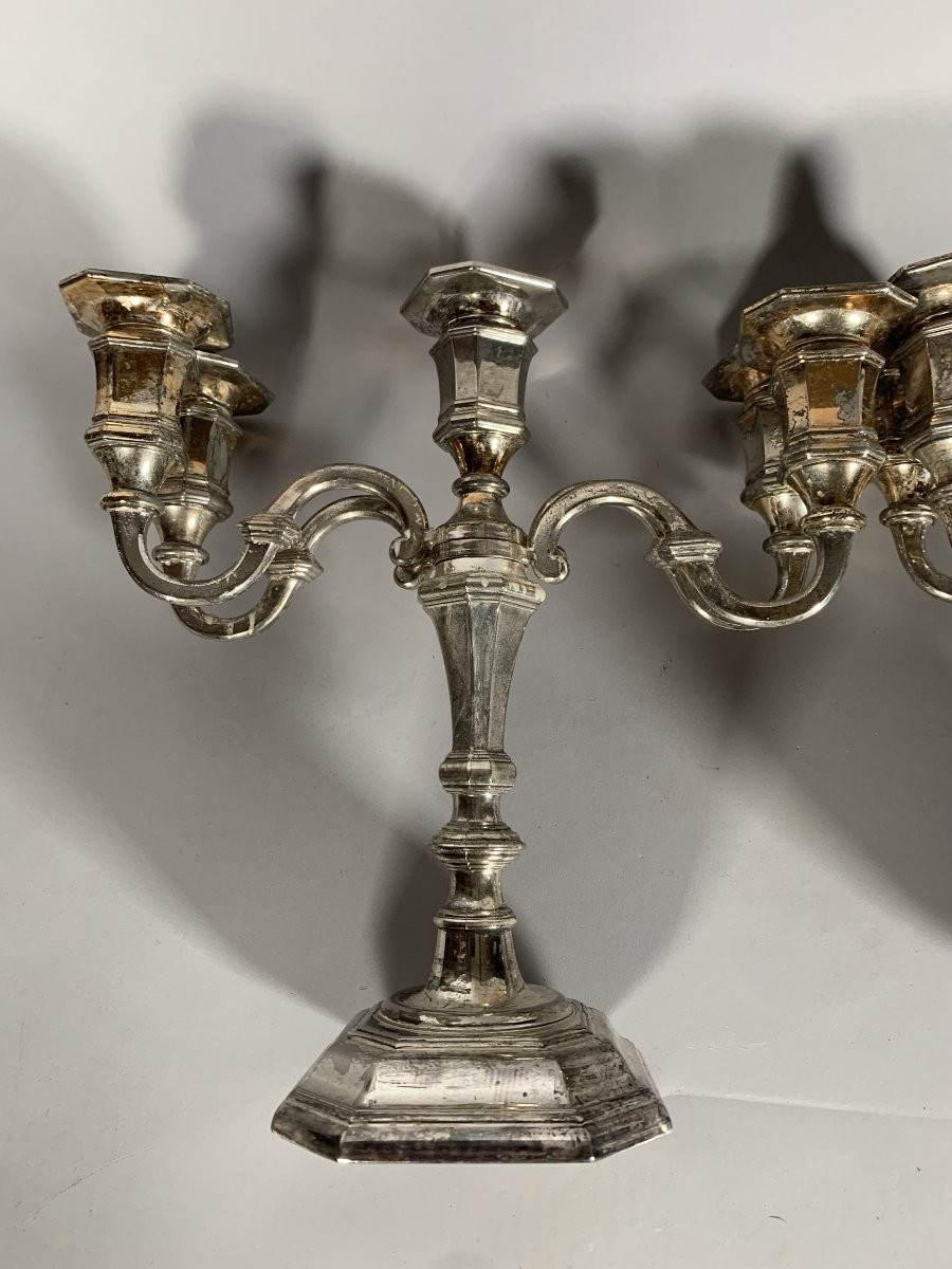 Pair Of Candelabras With Movable Arms In Silver-plated Bronze, Louis XV Style, 19th Century Work-photo-5