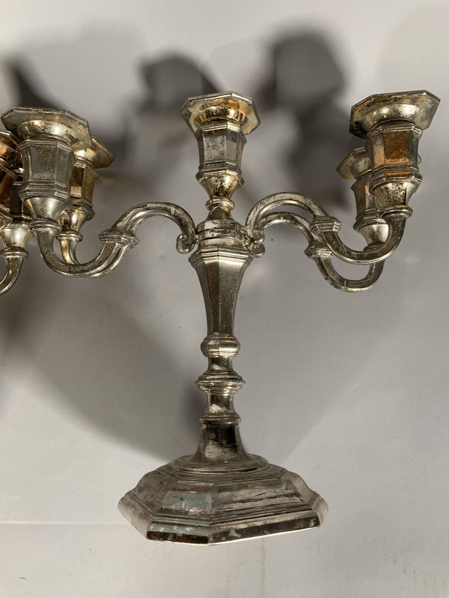 Pair Of Candelabras With Movable Arms In Silver-plated Bronze, Louis XV Style, 19th Century Work-photo-6